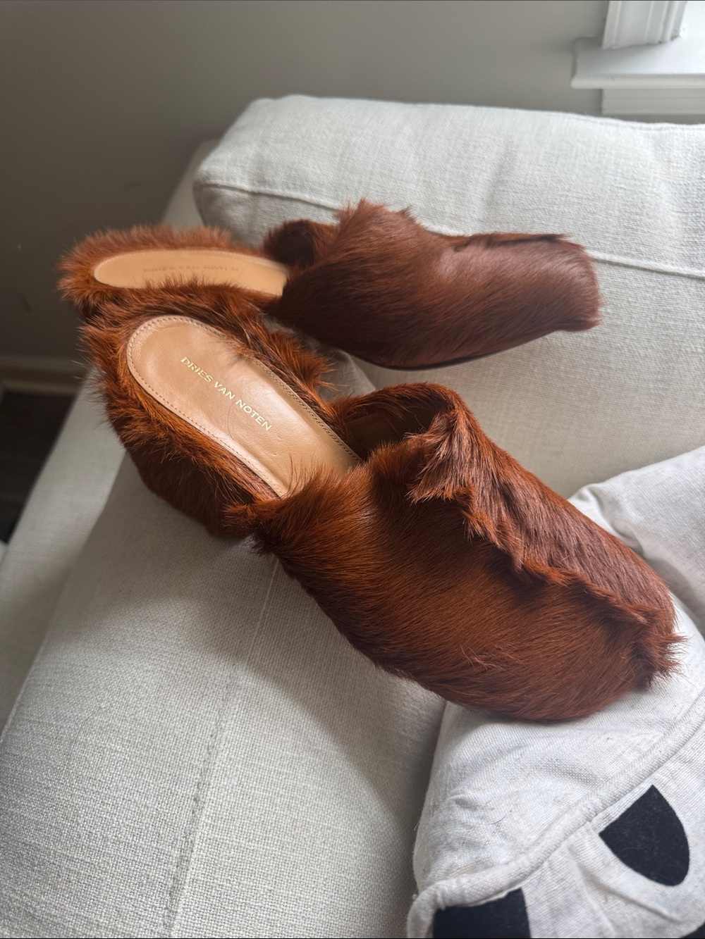 Dries Van Noten Rust Brown Fur Slide Mules sz 39.5